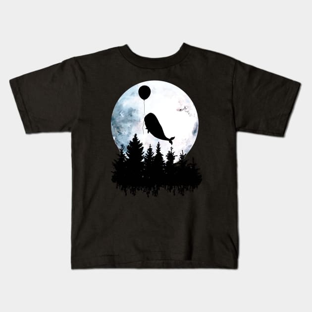 Whale flies with a balloon over forest, black silhouette on the full moon Kids T-Shirt by Collagedream